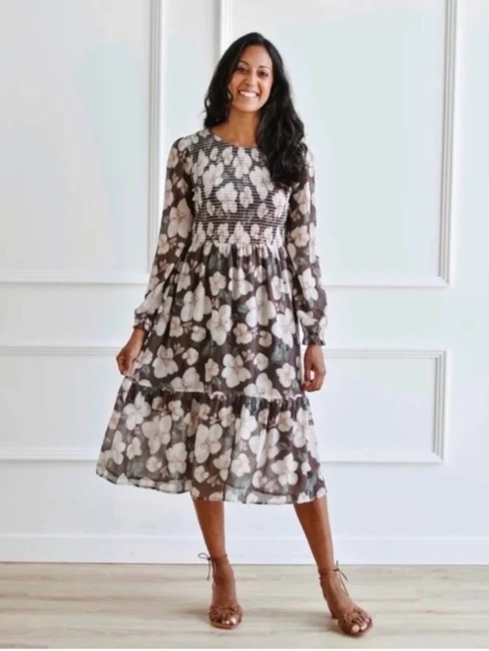 Floral Smocked Midi Dress in Black and Cream